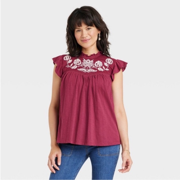 Knox Rose Embroidered Ruffle Sleeve Top - Size Large - Maroon - Picture 1 of 7